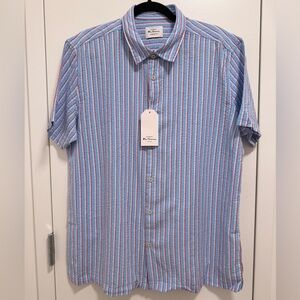 Ben Sherman Men's CasualShort Sleeve Seersucker Stripe Shirt Red Blue Size Large